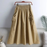 GETADME 2025 Summer New Versatile Solid Color Medium-Length Drawstring Pocket Skirt Women's Fashionable Workwear Half-Length Skirt