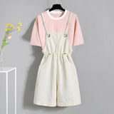 GETADME Summer Korean Fashion Striped T-shirt Overalls Set for Women Korean Leisure Joker Girls Student High Waist Shorts Clothing Sets