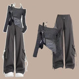 GETADME Spring Autumn American Retro Halter Vest Shawl Cargo Pants Three Piece Sets Lady Fashion Sweatshirts Tank Tops Trousers Outfits