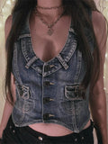 Getadme Women's Blue Denim Vest Sleeveless V Neck Button Closure Irregular Hem Summer Tops for Club Party Denim Vest
