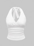 GETADME 26Solid V-neck Backless Halter Crop Top for Women Summer Sexy Y2K Sleeveless Ruched Top Streetwear