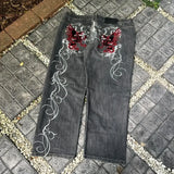 GETADME Streetwear Y2K Gothic Denim Trousers Harajuku Punk Dinosaur Embroidery Washed Jeans Hip Hop Wide Leg Oversized Jeans Mens Womens