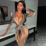 GETADME Sexy V-neck Low Cut Slim Dresses Women Tie Dye Printed Leace-up Bodycon Party Dress Lady Fashion Temperament Streetwear Vestidos