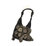 GETADME 중국 스타일 장미 장식 숄더백 패션 통근용 토트백 클래식 플리츠 핸드백 고품질 여성 겨드랑이 가방