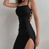 GETADME Sexy Black Long Bodycon Dress Women Summer Sleeveless Blackless Halter Neck Spaghetti Strap Dresses High Split Vestidos