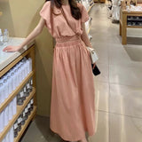 GETADME 투피스 스커트 여성 여름 신상 프랑스 기질 부드러운 바람 정장 버블 슬리브 티셔츠 탄력 허리 A 스플릿 스커트