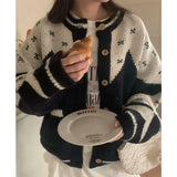 GETADME Vintage Print Knitted Cardigan Women Harajuku Patchwork Sweater Outerwears Korean Long Sleeve Knitwears Winter Casual Jumpers