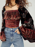 GETADME Temperament Blouse Women Square Collar Ruffles Flare Sleeve Slim Shirts Blusas Mujer De Moda Vintage Velvet Chic Blouses Tops