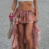 GETADME Boho Floral Print Irregular Long Skirt Holiday Party Retro French Style A-line Ruffle Maxi Skirts Coquette Holiday