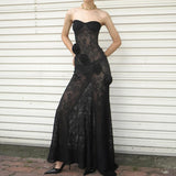 GETADME Summer Lace Strapless 3D Flowers Appliques Long Sleeveless Prom Club Dress See Through Sexy Solid Sheath Dress Vestidos
