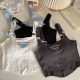 GETADME Women Embroid Letter Tank Tops With Bra Pad Casual Camis Y2K Crop Tops For Women Shoulder Belt Iron Ring Tank Tops