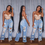 GETADME Jeans Women Long Pants Elegant Splice Denim Pant Slim Fit Sexy Hole High Waist Button Pocket Straight Trousers Summer 2025