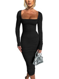 GETADME 가을/겨울 여성 섹시 바디콘 드레스 스퀘어넥 긴팔 여성 이브닝 드레스