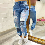 GETADME Women Denim Jeans Ankle Length Print Holes Pencil Pants Pockets Washing Slim Basics Zipper Fly Spring Flat Slight Strech