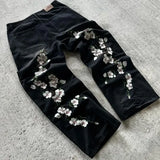 GETADME Hip Hop Cherry Blossom Embroidered Jeans Vintage Low Waist Wide Leg Trousers Y2K Clothes Mens Womes Embroidered Baggy Jeans