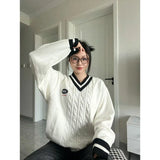 Korean Style Oversize Sweaters Women Vintage V-neck Knitted Pullovers Female Preppy Look Japanese School Uniform Jumper