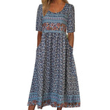 GETADME 2025 summer new women's Bohemia loose fashion print round neck short sleeve long dress