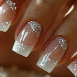 GETADME 24Pcs Short Square Coffin False Nails Square Fake Nails with Glue French Glitter Wearable Acrylic Nails Set Press on Nail Tips