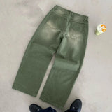 GETADME Y2K Retro Matcha Denim Jeans Washed Billiard Embroidered Denim Pants London Fashion New York Style Streetwear Unisex Baggy Jeans