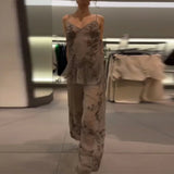 GETADME 2026 Vintage Embroidery Lantern Pants Set Women Chic Sequin Splice Mesh Spaghetti Strap Backless Sling Suit Lady Daily Date Wear