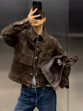 GETADME Vintage Brown Suede Women's Jackets Turn Down Collar Long Sleeve Single Breasted Female Pockets Coats 2025 Autumn Ladies Outwear