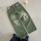 GETADME Y2K Retro Matcha Denim Jeans Washed Billiard Embroidered Denim Pants London Fashion New York Style Streetwear Unisex Baggy Jeans