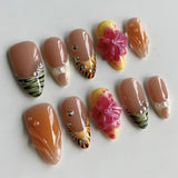 GETADME 24Pcs 3D Strawberry Rabbit Flower Fake Nails Press on Mid-length Almond Wearable False Nails Green Gradient Pearl Manicure Tips