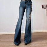 GETADME Retro Y2k Jeans Baggy Floral Embroidery Jeans Women Vintage 2000s Low Rise Flared Denim Pants High Street Basic Trousers
