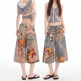 GETADME Womens Baggy Denim Shorts Vintage Washed Teddy Bear Print Wide Leg Mid Length Casual Streetwear Loose Jean Culottes for Women