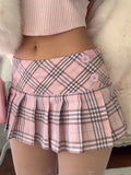 GETADME Cuteandpsycho 프레피 스타일 시크한 플레드 스커트 하라주쿠 버튼 귀여운 한국식 플리츠 바텀 여성용 패션 카와이 미니 스커트