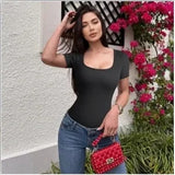 GETADME 여름 섹시 반팔 리브 스퀘어넥 통 바디수트 원피스 스퀘어 바디수트 복부 관리 바디 셰이퍼 배