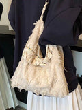 GETADME Fashion Art Tote Bag Women's Autumn and Winter New Large Capacity Tassel Flower Embroidery Shoulder Bag Lightweight Travel Bag