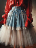 Getadme Women's Denim Skirt High Waist Denim Lace Tulle Patchwork A-Line Ruffled Tulle Pleated Midi Skirt 2025 Summer Y2k Fashion Skirt