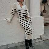 GETADME Elegant Ribbed Knitted V Neck Lapel Women Long Sleeve Elastic Solid&Stripes Printed Maxi Dresses Lady Fall Winter Bodycon Robes