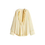 GETADME V-Neck Lace Up Waist Cinching Shirt Woman Casual Set Pleated Loose Solid Color Skirt Chic Elegant Versatile Baggy Women's Suits