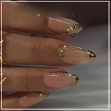 GETADME 24Pcs Metallic Cat Eye French Sheer Manicure Tip Art Textured 3D Acrylic False Nails Nude Pink Almond Medium Press on Fake Nails