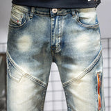 GETADME Summer Men's Denim Shorts Retro Motorcycle Elastic Cotton Fashion Knee Length Short Jeans Zipper Hip Hop Rock Streetwear