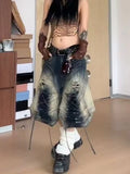 GETADME American Streetwear Lace Up Cargo Denim Pants Summer Hot Girl Chic Loose Wide Leg Cropped Pants 2000s Y2k Shorts Women Clothing