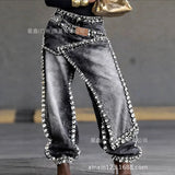 GETADME Women Wide Leg Pants Jeans Rhinestone Denims Distressed Washed Full Length Vintage Asymmetrical Trousers Y2k Streetwear 2026