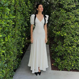 GETADME Elegant Temperament Bow Summer Casual Maxi Dresses V-Neck Y2K Women's Long Dress Evening Party Office Holiday Vestidos