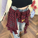 GETADME Adjustable Star Layer Outfits Plaid Skirt Hip-hop Sweet Lace Up Hip Scarf Korean Style Y2K Ruffled Edge Waistband Jeans Decor