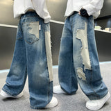 GETADME New Boys Spring Autumn Jeans Trendy Brand Fashion Patchwork Design Straight Loose Wide Leg Denim Pants for Middle Large Children