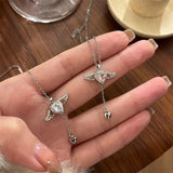 Getadme-Crystal Angel Wings Heart Pendant Necklaces Ladies Girl Simple Y2K Pink White Zircon Love Elegant Necklace Women Jewelry