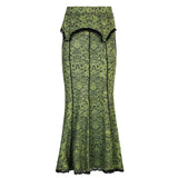 GETADME Darlingaga Vintage Fashion Elegant Green Trumpet Long Skirt Graphic Printed Lace Trim Y2K High Waist Skirt Women 2000s Aesthetic