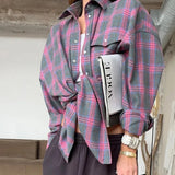 2024 Oversized Plaid Shirt Autumn Winter Women Vintage Long Sleeve Fashion Loose Lapel Pocket Shirt Fit Blouse Korean Style