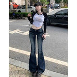 GETADME Y2K Slim Fit High Waist Casual Womens Jeans Retro Denim Pants Low Rise Flared Trousers Long Bootcut Drag Autumn for Women