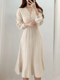 One Piece Korean Pleated Dress New Autumn Long Sleeve Slim Woman Sweater Dresses Knitted Vintage Elegant Midi Party Dress