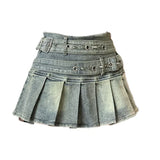 GETADME Women's Blue Black Riveted Belt Denim Skirt Y2K Harajuku High Street Fashion 90s Sexy A-line Mini Skirt Summer Clothing 2025 New