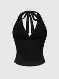 GETADME 26Solid V-neck Backless Halter Crop Top for Women Summer Sexy Y2K Sleeveless Ruched Top Streetwear