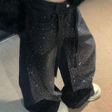 GETADME Retro American Glittering High Waist Wide Leg Jeans Women's Loose Slimming Floor-Length Casual Denim Pants Comfortable Spring